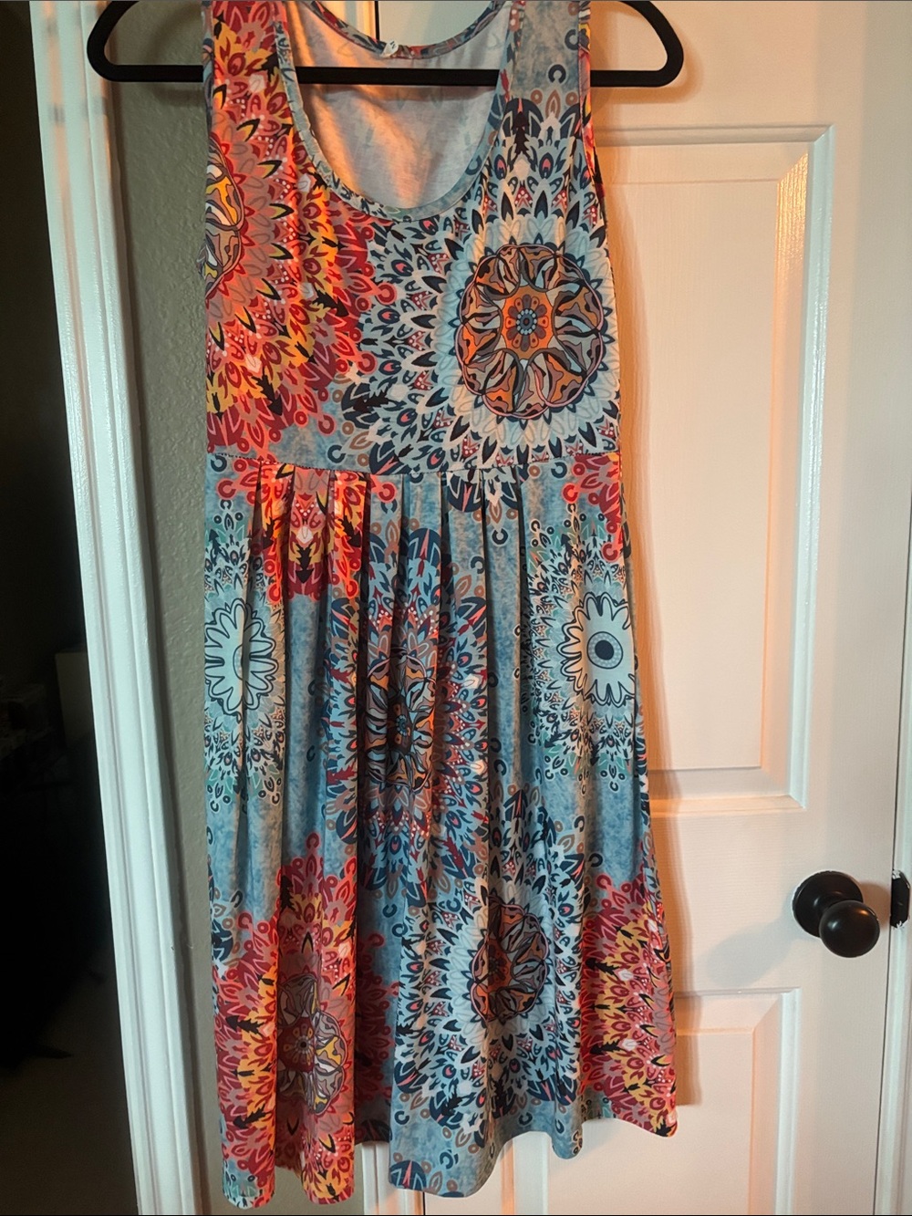 Sleeveless Floral Medallion Midi Dress in Blue and Coral